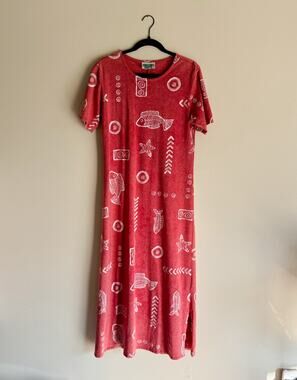 CoConut Bay Red + White Fish Hawaiian Beachy Short Sleeve Maxi Dress